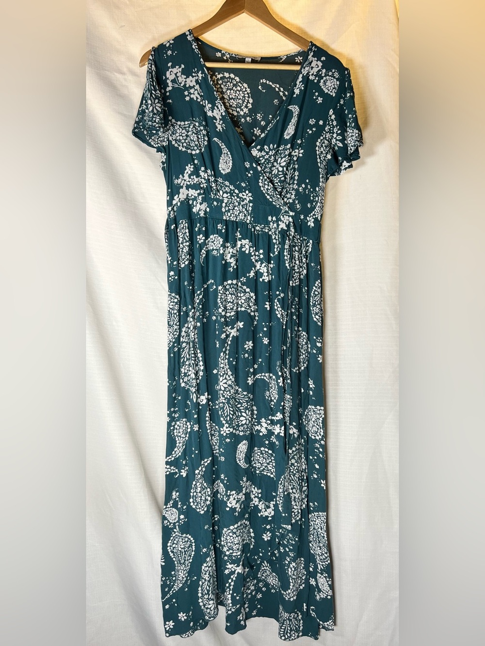 Patrons of Peace Teal tie waist Maxi Dress with White Paisley Print size Large L